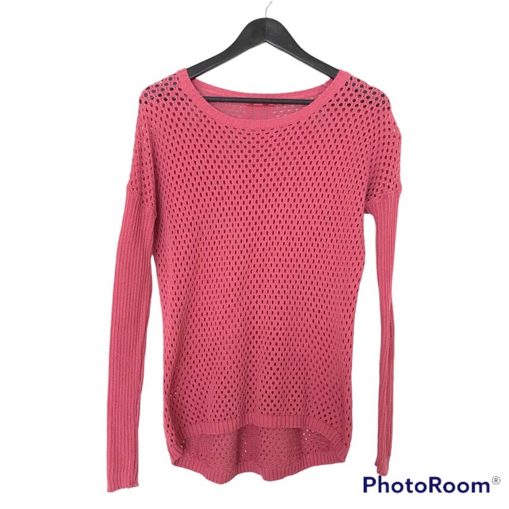 Prana Salmon Pink Crochet Ribbed Knit Sweater